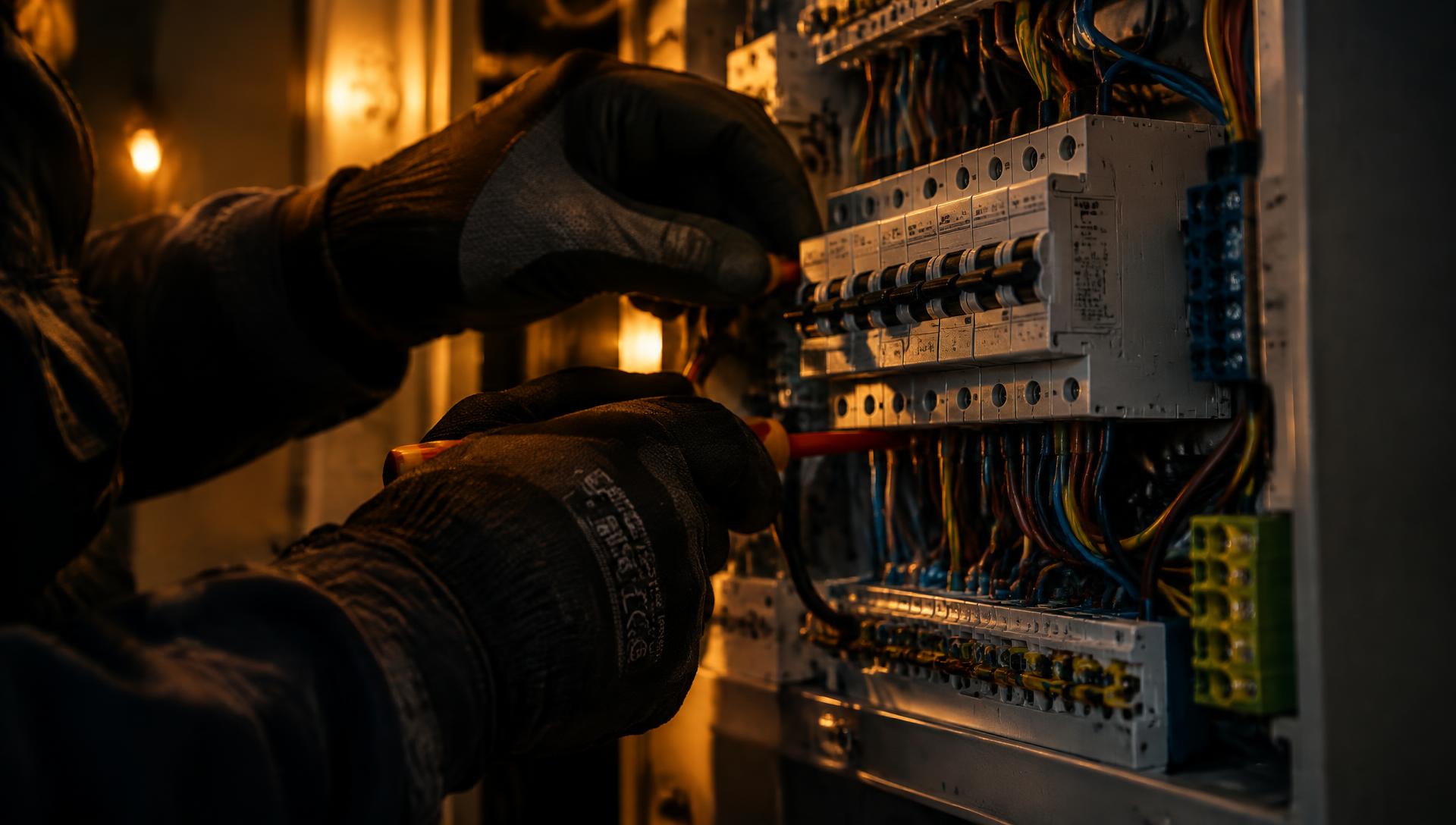 Electrician with gloved hands working on a distribution board